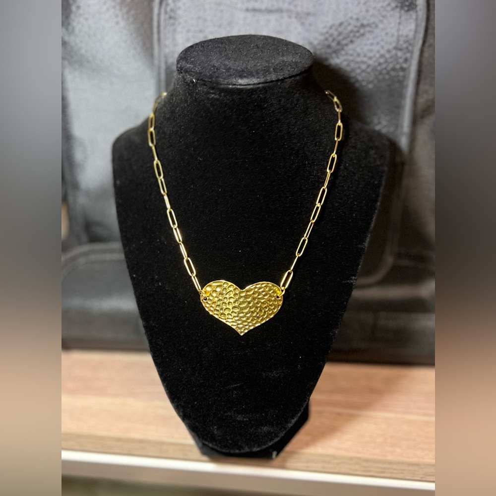 Gold Tone Hammered Heart Pendant Necklace β Stainless Steel Chain